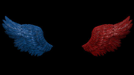 Blue-Red wings under black-white lighting background. Concept image of free activity, decision without regret and strategic action. 3D CG. 3D illustration.の写真素材