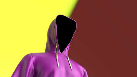 Anonymous hacker with purple color hoodie in shadow under yellow-wine red background. Dangerous criminal concept image. 3D CG. 3D illustration. 3D high quality rendering.の写真素材