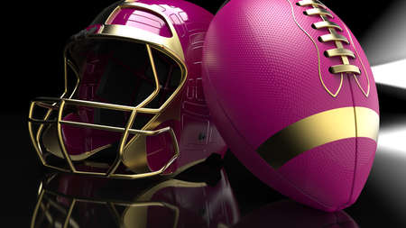 American football Gold-Wine Red helmet and Gold-Red Ball under black laser lighting. 3D illustration. 3D CG. 3D high quality rendering.の写真素材