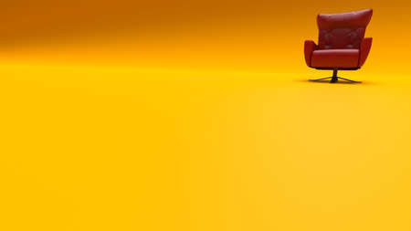 Luxury red leather arm chair on yellow background under spot light. Concept image of player oath, strategy meeting and lonely struggle. 3D illustration. 3D CG.の写真素材