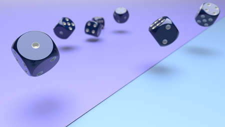 Rolling deep blue-white dices on purple and sky blue planes background. Concept image of statistical...