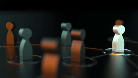 Chain of silver human figurines connected by black lines under green-orange lighting. Cooperation and interaction between people and employees. Dissemination of information in society, rumors. 3D CG.の写真素材
