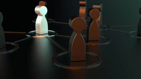 Chain of silver human figurines connected by black lines under green-orange lighting. Cooperation...