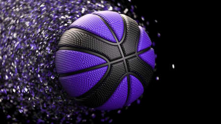 Black-Purple Basketball with Rotation Particles under spot lighting background. 3D illustration. 3D high quality rendering.の写真素材