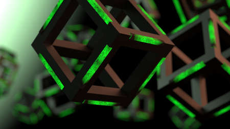 Green illuminated black metallic cube under orange-green lighting background. Block chain network...