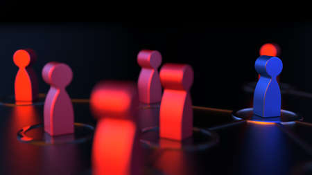 Chain of silver human figurines connected by black lines under green-orange lighting. Cooperation...
