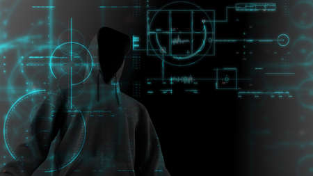 Anonymous hacker with black hoodie with technology HUD blue elements. Concept subjects such as...