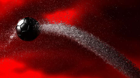 Black Soccer Ball with Diamond Water Particles under Black-Red Sky Lighting Background. 3D illustration. 3D high quality rendering. 3D CG.の写真素材