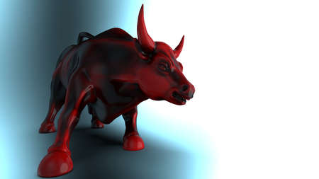 Red painted bull sculpture. Sculpted casting depicting a bull in dramatic contrasting light representing financial market trends under white-blue background. 3D illustration.の写真素材