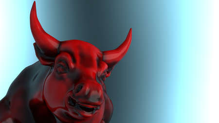 Red painted bull sculpture. Sculpted casting depicting a bull in dramatic contrasting light representing financial market trends under white-blue background. 3D illustration.の写真素材