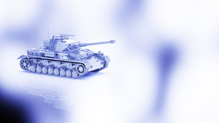 Metallic military silver painting tank on blue-black lighting background. Concept image of power strength, dynamic strategy and strong system. 3D illustration. 3D high quality rendering.の写真素材