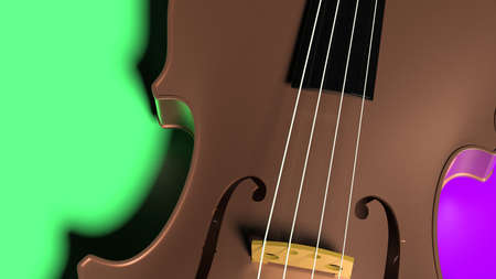 Brown-Gold classic violin on green-purple blue plane under spot lighting background. 3D sketch design and illustration. 3D high quality rendering.の写真素材