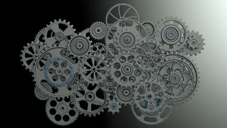 Mechanism black metallic gears and cogs at work under green spot lighting background. Industrial machinery. 3D illustration. 3D high quality rendering. 3D CG.の写真素材