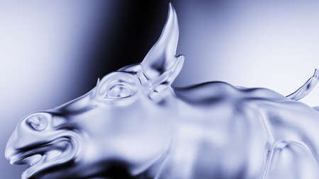 Metallic silver bull sculpture. Sculpted casting depicting a bull in dramatic contrasting light representing financial market trends under white-blue background. 3D illustration.の写真素材