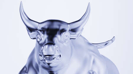 Metallic silver bull sculpture. Sculpted casting depicting a bull in dramatic contrasting light representing financial market trends under white-blue background. 3D illustration.の写真素材