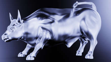 Metallic silver bull sculpture. Sculpted casting depicting a bull in dramatic contrasting light representing financial market trends under white-blue background. 3D illustration.の写真素材