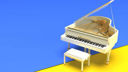 White-Gold Grand Piano under blue-yellow blue background. 3D illustration. 3D CG. 3D high quality rendering.の写真素材