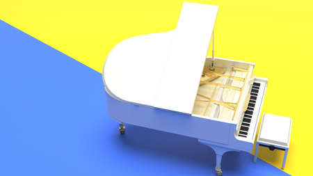 White-Gold Grand Piano under blue-yellow blue background. 3D illustration. 3D CG. 3D high quality rendering.の写真素材
