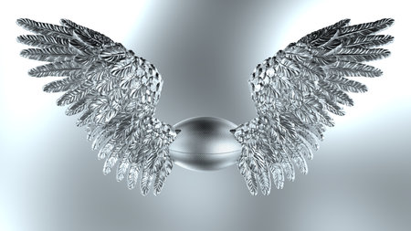 Metallic silver american football with the metallic wings under flash light background. 3D CG. 3D illustration. 3D high quality rendering.の写真素材