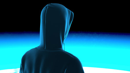 Anonymous hacker with black color hoodie in shadow under deep blue-red background. Dangerous...