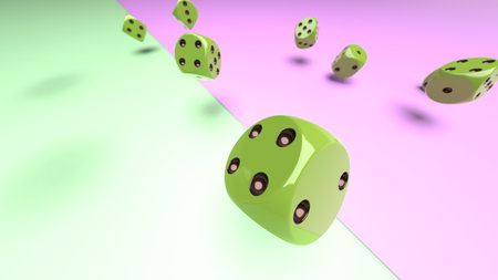 Rolling white-black dices on blue lighting background. Concept image of statistical probability, gambling activities anda decisive battle. 3D CG. 3D illustration.の写真素材