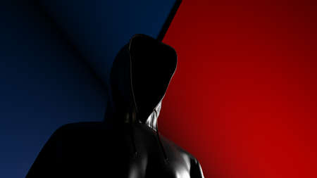 Anonymous hacker with black color hoodie in shadow under deep blue-red background. Dangerous criminal concept image. 3D CG. 3D illustration. 3D high quality rendering.の写真素材