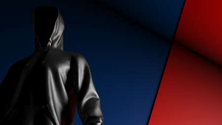 Anonymous hacker with black color hoodie in shadow under deep blue-red background. Dangerous criminal concept image. 3D CG. 3D illustration. 3D high quality rendering.の写真素材