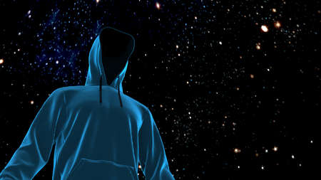 Anonymous hacker with black color hoodie in shadow under deep blue-red background. Dangerous...