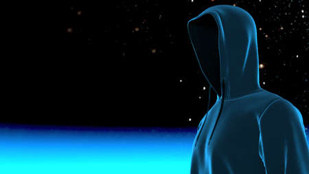 Anonymous hacker with black color hoodie in shadow under deep blue-red background. Dangerous criminal concept image. 3D CG. 3D illustration. 3D high quality rendering.の写真素材