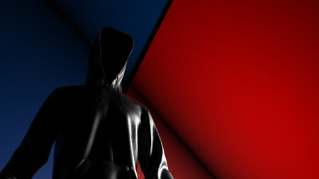 Anonymous hacker with blue color hoodie in shadow under deep black-blue background. Dangerous criminal concept image. 3D CG. 3D illustration. 3D high quality rendering.の写真素材