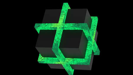 Green illuminated cubes under black background. Block chain network technology concept illustration. 3D illustration. 3D CG. 3D high quality rendering.の写真素材