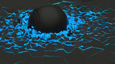 Baseball breaking with great force through a blue illuminated black wall under black-white background. 3D high quality rendering.の写真素材