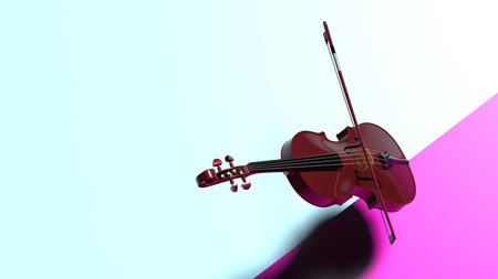 Deep Red-Gold classic violin on purple-blue plane under spot lighting background. 3D sketch design...