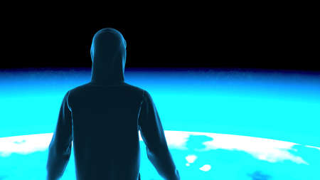 Anonymous hacker with black color hoodie in shadow under deep blue-red background. Dangerous...