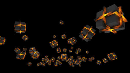 Orange illuminated cubes under black background. Block chain network technology concept illustration. 3D illustration. 3D CG. 3D high quality rendering.の写真素材