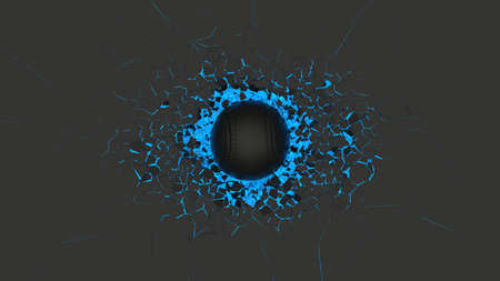 Baseball breaking with great force through a blue illuminated black wall under black-white background. 3D high quality rendering.の写真素材