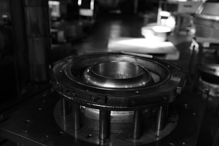 Sheet Metal Stamping Tool Die for Automotive Precision Parts on The Numerical Control Milling Machine Table. Tandem Stamping System. At a High Quality Technology Factory. Black andの写真素材