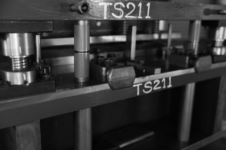 Sheet Metal Stamping Tool Die for Automotive Precision Parts on The Numerical Control Milling Machine Table. Tandem Stamping System. At a High Quality Technology Factory. Black andの写真素材