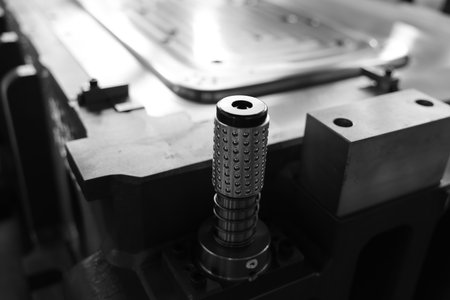 Sheet Metal Stamping Tool Die for Automotive Precision Parts on The Numerical Control Milling Machine Table. Tandem Stamping System. At a High Quality Technology Factory. Black andの写真素材