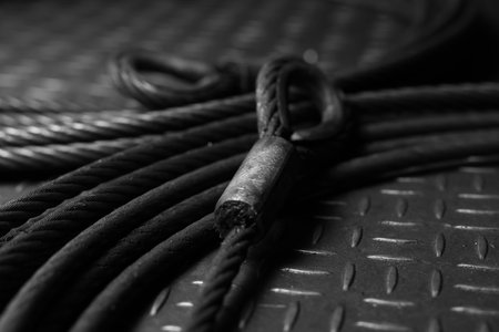 Iron wire rope placed on striped steel plate. Black and white photo. Conceptual images of blockchain, human connection and solid fixation.の写真素材