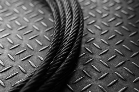 Iron wire rope placed on striped steel plate. Black and white photo. Conceptual images of...