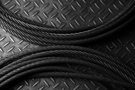 Iron wire rope placed on striped steel plate. Black and white photo. Conceptual images of...