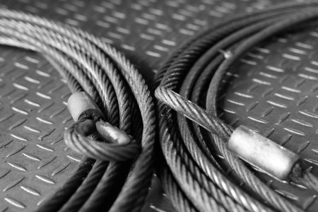 Iron wire rope placed on striped steel plate. Black and white photo. Conceptual images of...