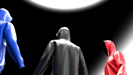 Three anonymous hackers with red-black-blue color hoodie in shadow under black-white background. Dangerous criminal concept image. 3D CG. 3D illustration. 3D high quality renderingの写真素材