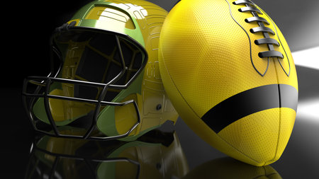 American football helmet and Blue-Silver Ball under foggy black laser lighting. 3D illustration. 3D CG. 3D high quality rendering.の写真素材