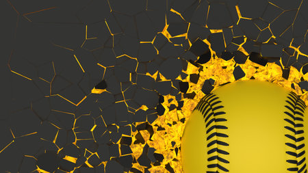Yellow baseball breaking with great force through orange illuminated black wall under black-white background. 3D high quality rendering.の写真素材