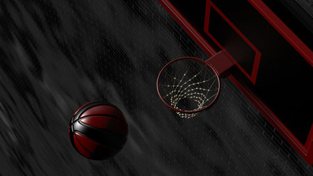 Black-red basketball and basketball plate on black brick block wall under spot lighting background. 3D illustration. 3D high quality rendering.の写真素材