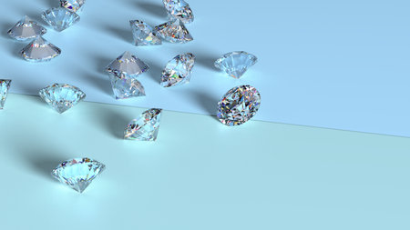 Shiny Diamonds on black surface background. Concept image of luxury living, expensive things and high added value. 3D CG. High resolution.の写真素材