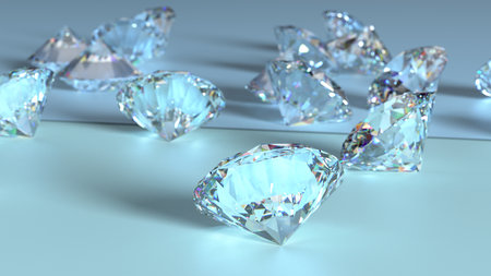 Shiny Diamonds on black surface background. Concept image of luxury living, expensive things and high added value. 3D CG. High resolution.の写真素材