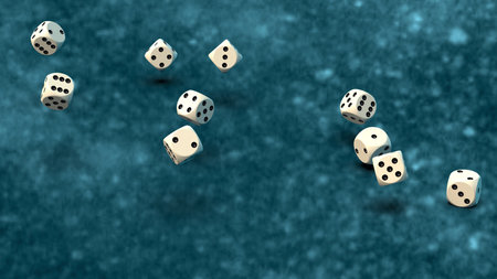 Rolling white-black dices under 
blue lighting background. Conceptual 3D illustration of...